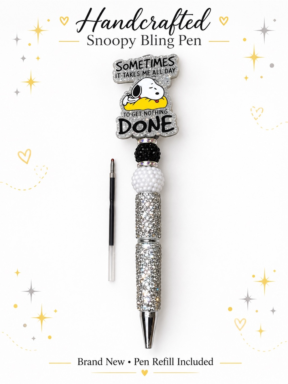 Snoopy Rhinestone Beaded Pen Handcrafted Silver Bling NEW With Refill